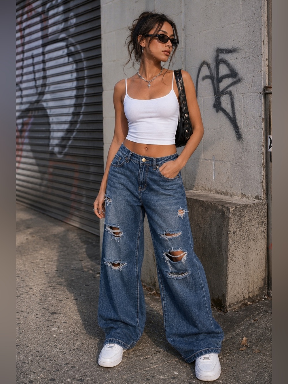 Fire & Rain Distressed Baggy Wide Leg Jeans Mid Rise Denim Y2K streetwear Size 7